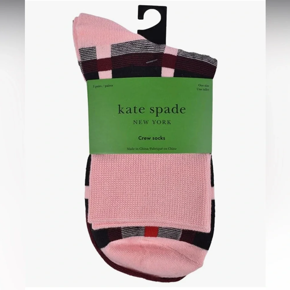 🆕 3 pairs Kate Spade Pink and Black Plaid Crew Socks